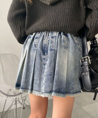 WEGO ヴィンテージウォッシュプリーツスカパン デニム中濃加工色