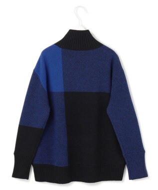 ICB 【洗える】ソフトカシミヤミックス ブロッキングハイネックニット ブルー柄系