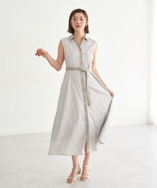 YECCA VECCA ストライプ柄フラワー刺繍ワンピース Beige