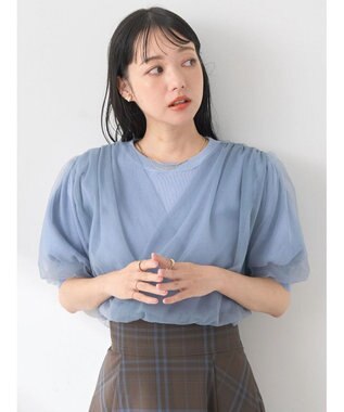 earth music&ecology チュールドッキング半袖ニットプルオーバー Blue