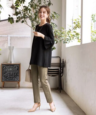 Tiaclasse L 【洗える】ミラノリブ編みのフレア袖ニットチュニック ブラック