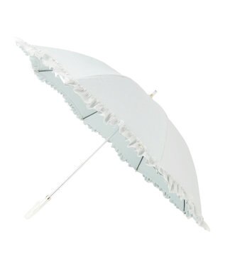 MOONBAT ランバン オン ブルー 晴雨兼用日傘 長傘 ビジュー付きオーガンジーフリル 遮光 遮熱 UV オリーブグレー