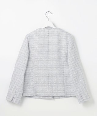 ANY SIS L ノーカラーフリンジツイード ジャケット ブルーグレーミックス