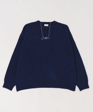 WEGO 【ユニセックス着用ITEM/SMLサイズ展開】アクセ付きワンポイントニットプルオーバー ネイビー