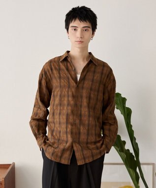 WEGO クリンクルチェックシャツ（LS） ブラウンチェック1