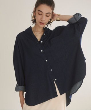 WEGO 【ANGIE VINTAGE】オーバーサイズ バンドカラー デニムシャツ ネイビー