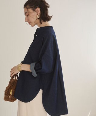 WEGO 【ANGIE VINTAGE】オーバーサイズ バンドカラー デニムシャツ ネイビー