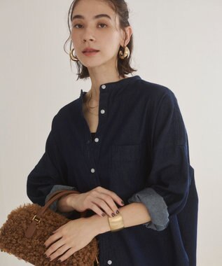 WEGO 【ANGIE VINTAGE】オーバーサイズ バンドカラー デニムシャツ ネイビー