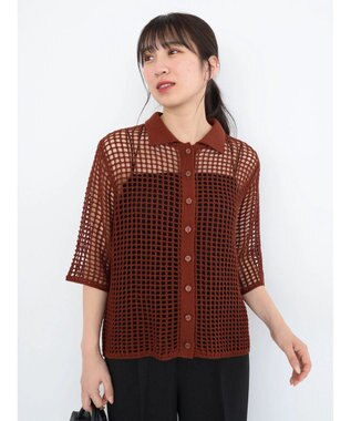 Green Parks メッシュ編み襟付きカーディガン Terracotta