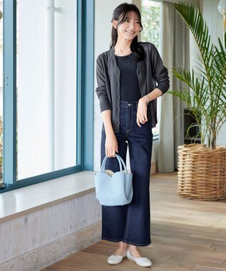 Tiaclasse L Vネックラメニットシアーカーディガン チャコールグレー