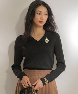 組曲 ラメリブポロ襟 ニット ブラック系