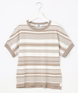 J.PRESS LADIES 【洗える】 レーヨンエリートストレッチ ランダムボーダー ニット Tシャツ ブラウン系1