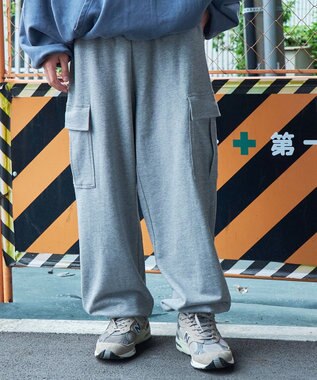 WEGO 【ウエストゴム/MLサイズ展開】ワイドカーゴスウェットパンツ 杢グレー