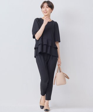 組曲 【接触冷感・吸湿・UVカット】ジョーゼットジャージーフリルブラウス ブラック系