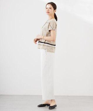 J.PRESS LADIES L パネルボーダー フレンチスリーブ カットソー ベージュ系1