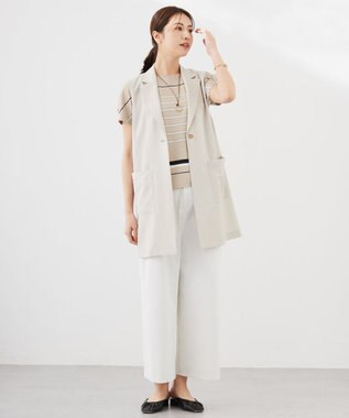 J.PRESS LADIES L パネルボーダー フレンチスリーブ カットソー ベージュ系1