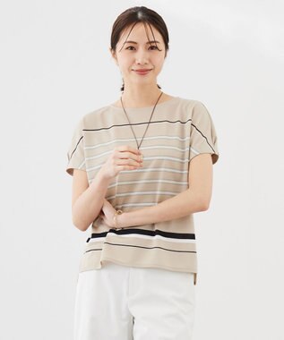 J.PRESS LADIES L パネルボーダー フレンチスリーブ カットソー ベージュ系1