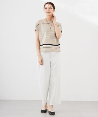 J.PRESS LADIES L パネルボーダー フレンチスリーブ カットソー ベージュ系1