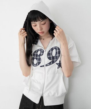 WEGO グラフィック半袖ZIPパーカー ホワイト