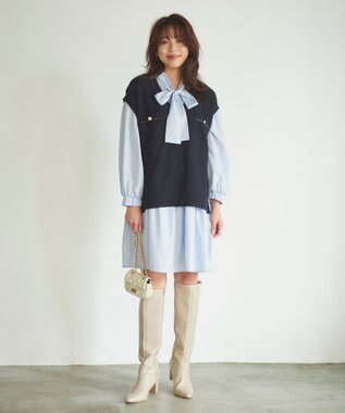 Feroux 【セットアイテム】2WAYリボンタイ ワンピース × ニット ベスト スカイブルー系