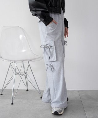 WEGO 【ウエストゴム】リボンカーゴスウェットパンツ 杢グレー