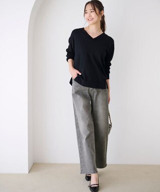 ANY SIS 【ウールブレンドシリーズ】フロント切替Vネック ニット ブラック