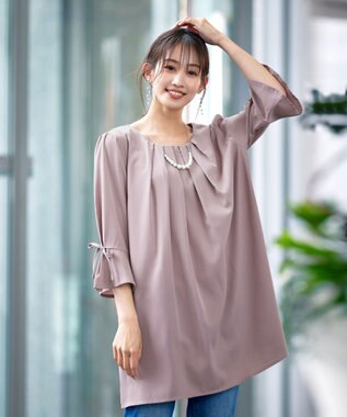 Tiaclasse L 【洗える】リボン付きタックスリーブチュニックブラウス グレージュ