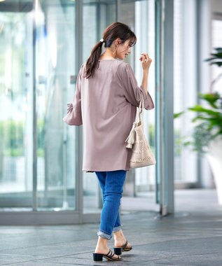 Tiaclasse L 【洗える】リボン付きタックスリーブチュニックブラウス グレージュ