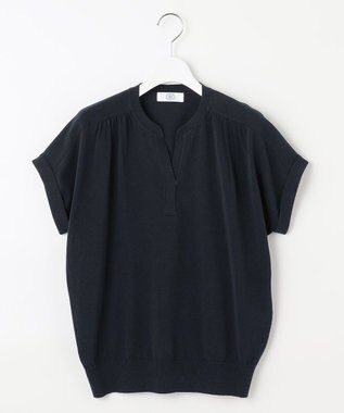 J.PRESS LADIES 【洗える・抗菌防臭】コットンアセテート バンドカラー ニット ネイビー系