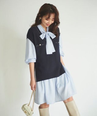 Feroux 【セットアイテム】2WAYリボンタイ ワンピース × ニット ベスト スカイブルー系