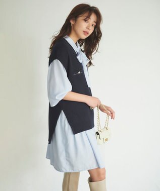 Feroux 【セットアイテム】2WAYリボンタイ ワンピース × ニット ベスト スカイブルー系