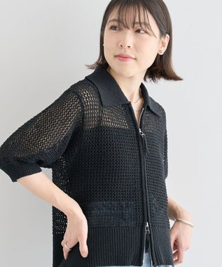 Green Parks 襟付きメッシュ編みＺＩＰカーディガン Black
