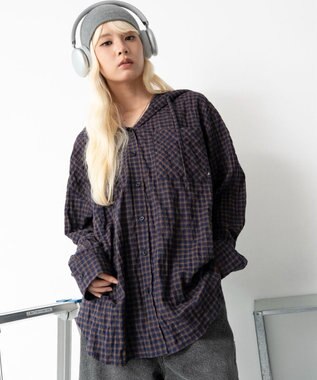 WEGO フードチェックBIGシャツ ネイビー
