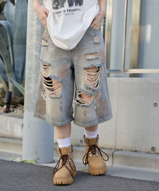 WEGO ダメージデニムハーフパンツ デニム淡加工色