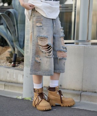 WEGO ダメージデニムハーフパンツ デニム淡加工色