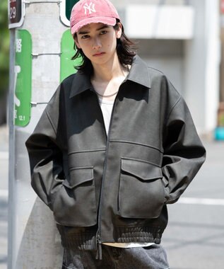 WEGO 【25年秋冬新作/ユニセックス着用ITEM/SMLサイズ展開】PUダブルZIPフライトブルゾン グレーその他