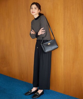 ANY 【洗濯機可/吸湿発熱】フリルネックリブニット ブラック×モカボーダー