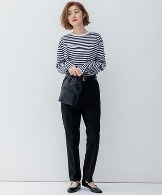 23区 【大好評素材/洗える】コットンベアジャージー ロング Tシャツ ネイビーボーダー