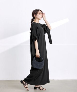 Tiaclasse L 【洗える】デザインカフス付きマキシカットソーワンピース ブラック