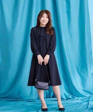 Tiaclasse L 【ダブルクロス】【洗える】フリルドレープワンピース ネイビー