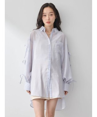 earth music&ecology 袖スリットリボンロングシャツ Navy