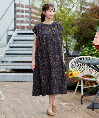 Tiaclasse L ボタニカル柄シャツワンピース ネイビー
