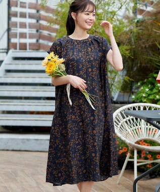 Tiaclasse L ボタニカル柄シャツワンピース ネイビー