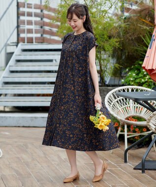 Tiaclasse L ボタニカル柄シャツワンピース ネイビー