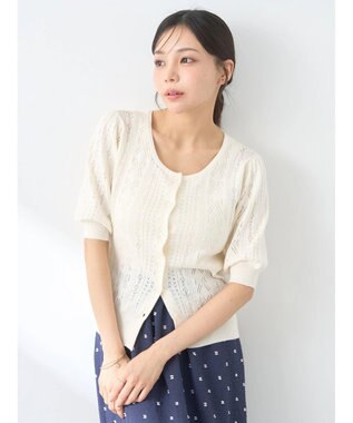 earth music&ecology リボン柄透かし編みニットカーディガン Off White