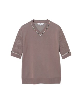 DAKS コットン混ストレッチ ロゴメッシュスリーブ Vネックプルオーバー モカ