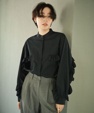 #Newans 【シワになりにくい/洗濯機可能】ラウンドフリルバンドカラーシャツ ネイビー