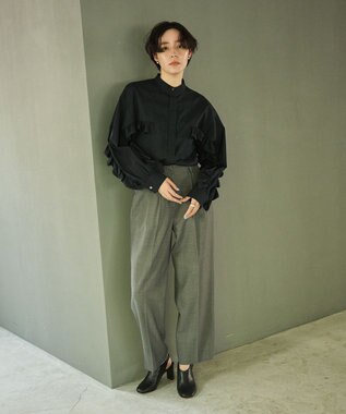 #Newans 【シワになりにくい/洗濯機可能】ラウンドフリルバンドカラーシャツ ネイビー