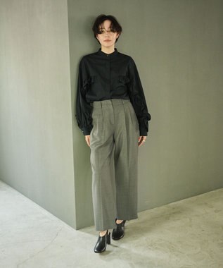 #Newans 【シワになりにくい/洗濯機可能】ラウンドフリルバンドカラーシャツ ネイビー