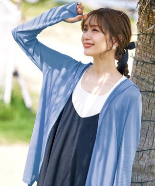 Tiaclasse 【洗える】UVケア機能付きサマーニットロングジップパーカー サックス